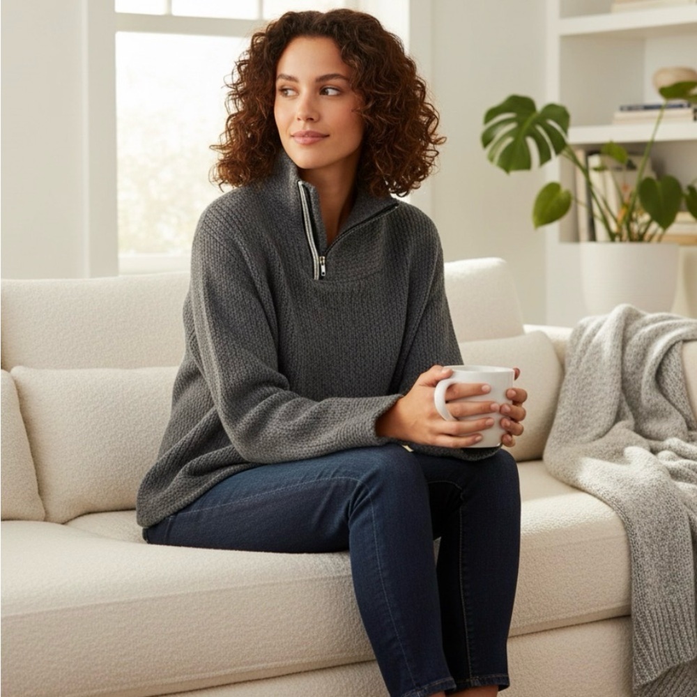AMS Pure Zippered High Neck Wool Knit Sweater - Picture 2 of 15